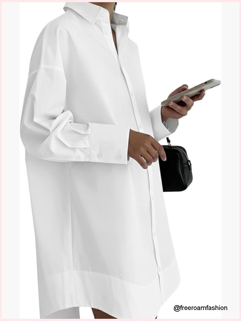 Long Sleeve Button Down Shirt Dress - V Neck Midi Tunic Office Wear